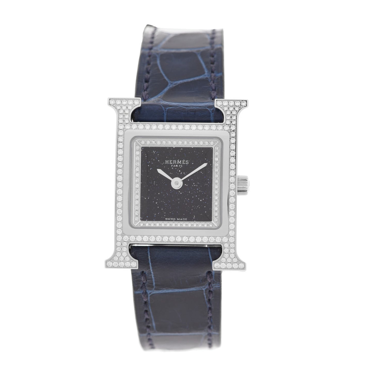 Stainless Steel Alligator Diamond Bezel Aventurine 21mm Heure H Hour Quartz Watch Bleu Saphir