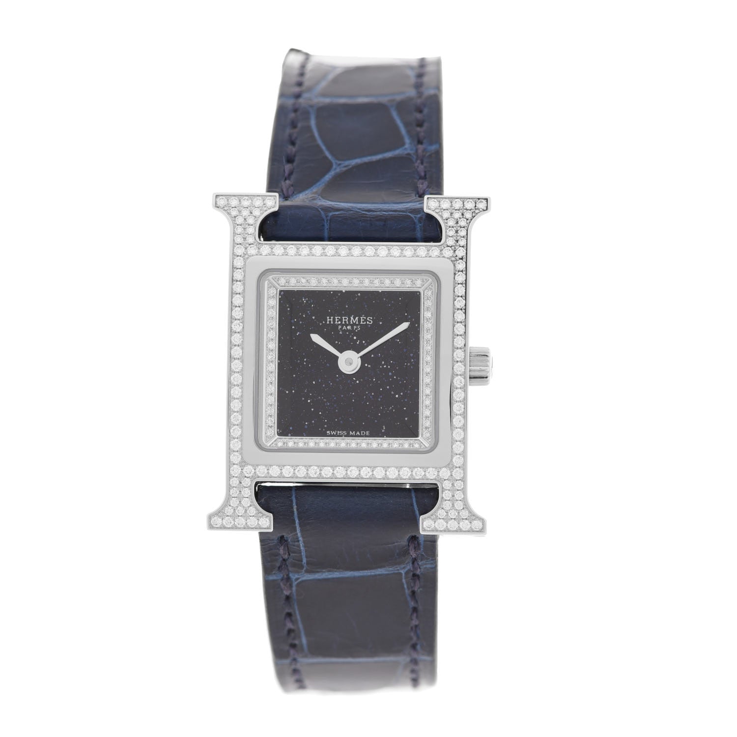 Hermes Stainless Steel Alligator Diamond Bezel Aventurine 21mm Heure H Hour Quartz Watch Bleu Saphir 1 of 4