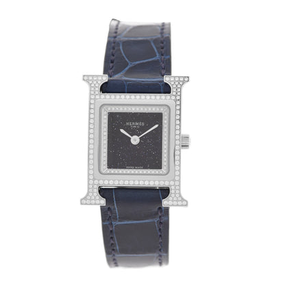 Hermes Stainless Steel Alligator Diamond Bezel Aventurine 21mm Heure H Hour Quartz Watch Bleu Saphir 1 of 4