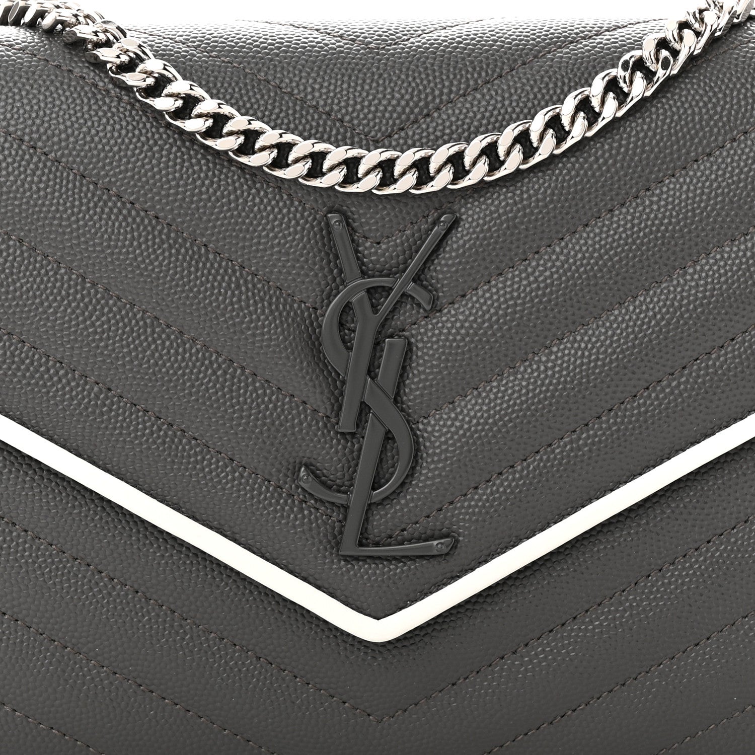 Saint Laurent Grain De Poudre Matelasse Chevron Monogram Chain Wallet Grey White 9 of 11