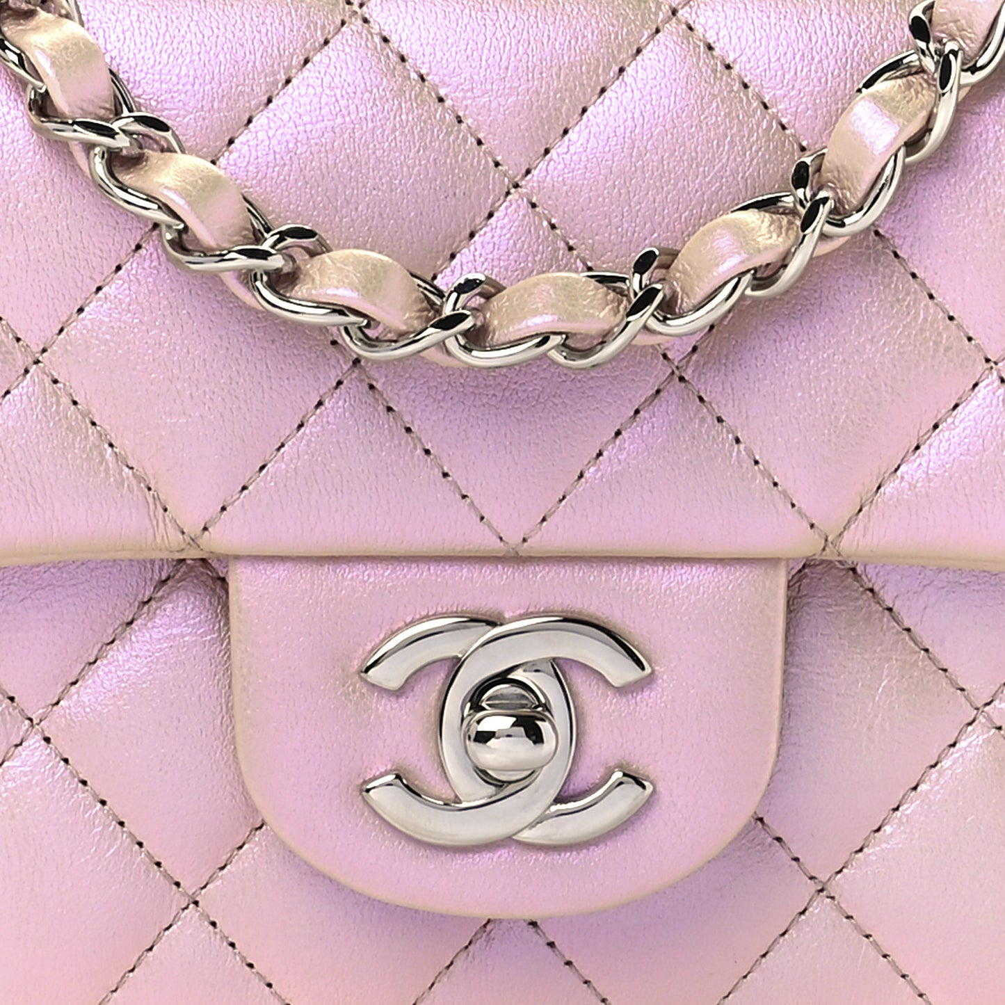 Iridescent Calfskin Quilted Mini Rectangular Flap Pink