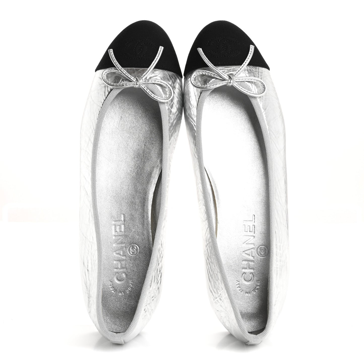 Laminated Crumpled Lambskin Grosgrain Cap Toe CC Ballerina Flats 39.5 Silver Black