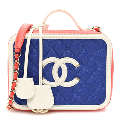 Chanel Caviar Quilted Medium CC Filigree Vanity Case Blue White Red 1 of 10