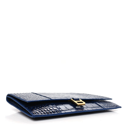 Balenciaga Shiny Calfskin Crocodile Embossed Hourglass Flap Flat Pouch Navy Blue 4 of 7