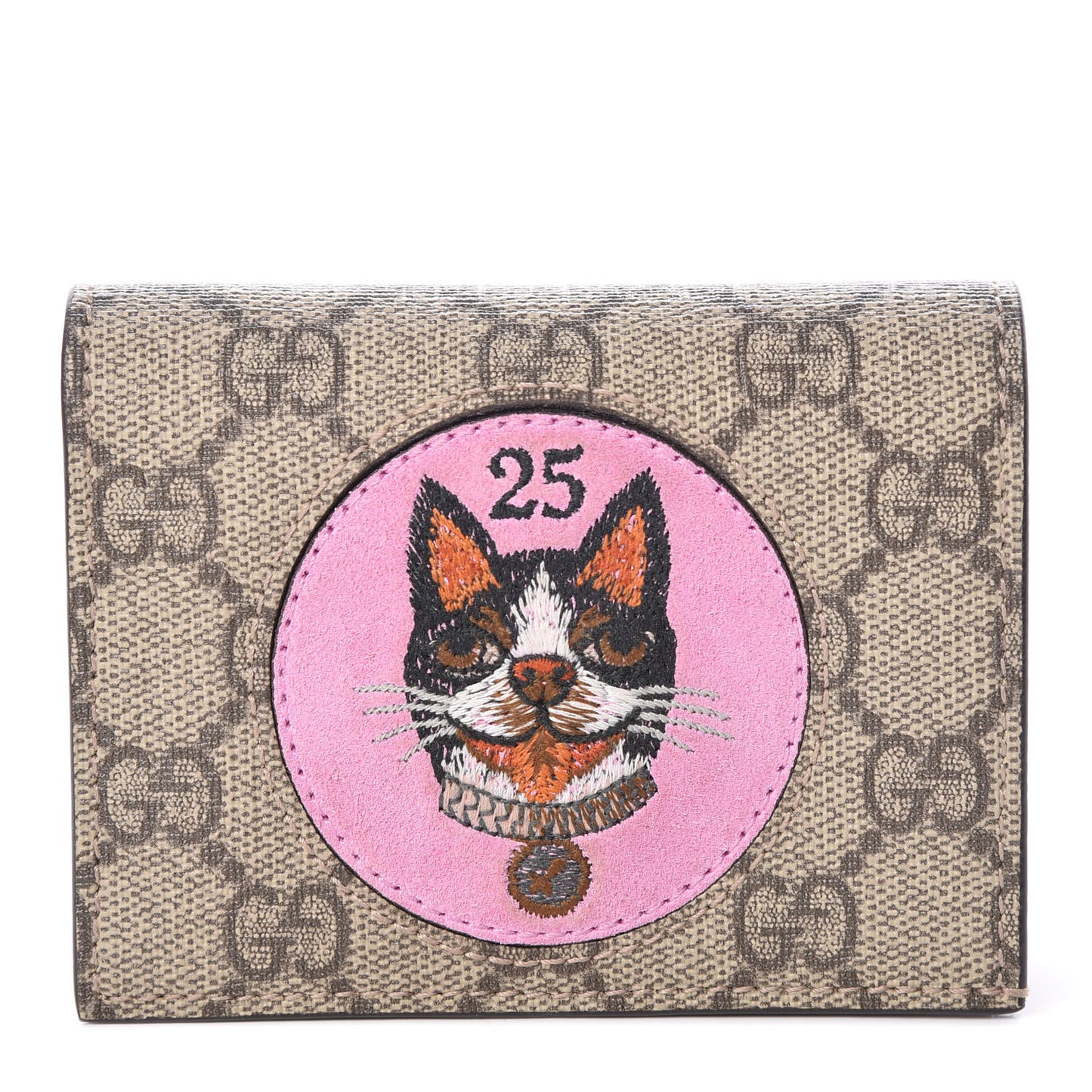 GG Supreme Monogram Bosco Patch Card Case Wallet Beige Malva Hibiscus Red
