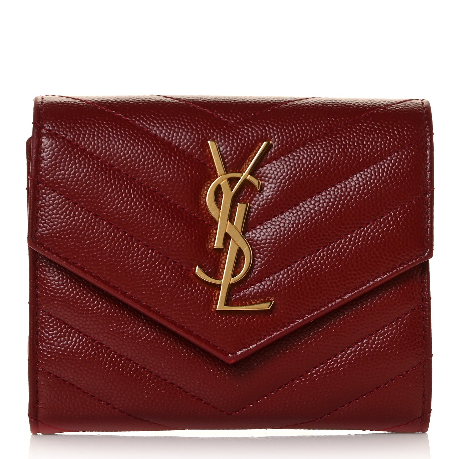 Saint Laurent Grain De Poudre Matelasse Chevron Monogram Compact Tri Fold Wallet Red 1 of 8