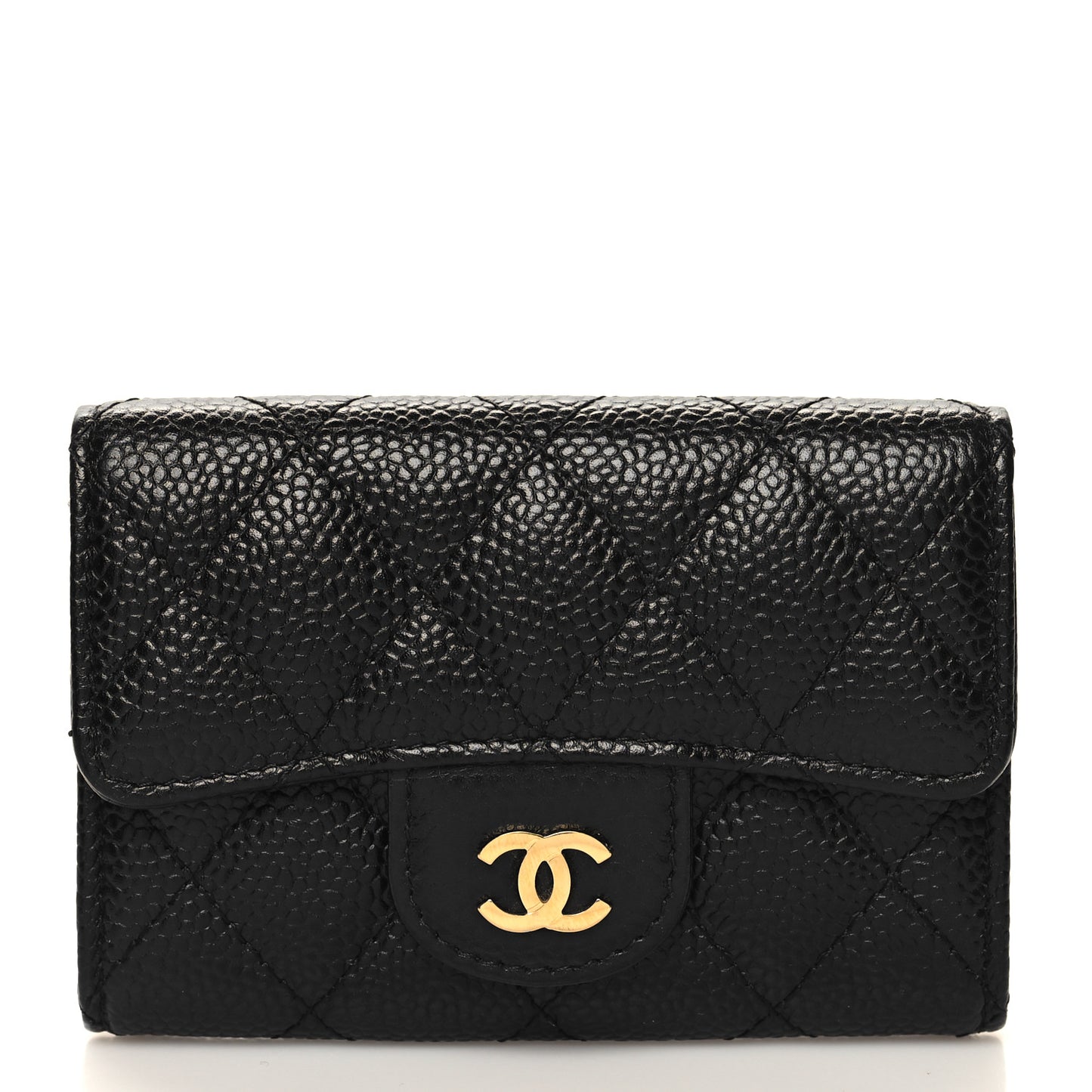 Caviar Quilted Flap Card Holder Wallet Black