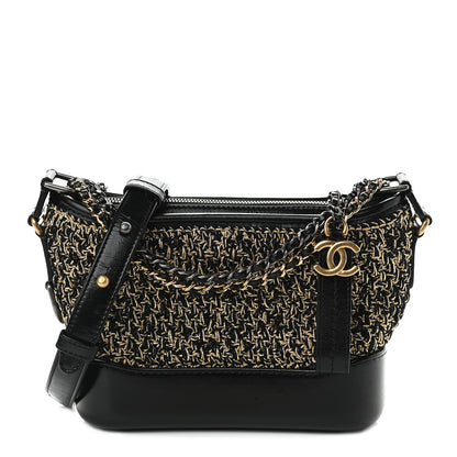 Chanel Tweed Calfskin Quilted Small Gabrielle Hobo Black Gold 1 of 9
