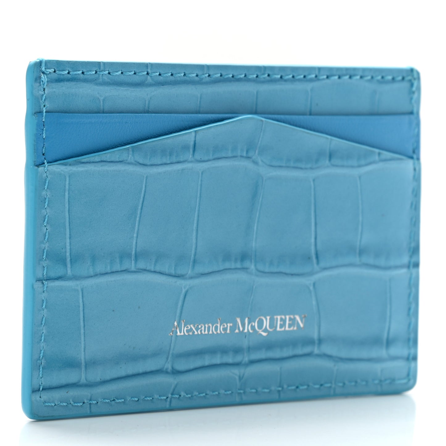 Calfskin Crocodile Embossed Skull Card Holder Cerulean