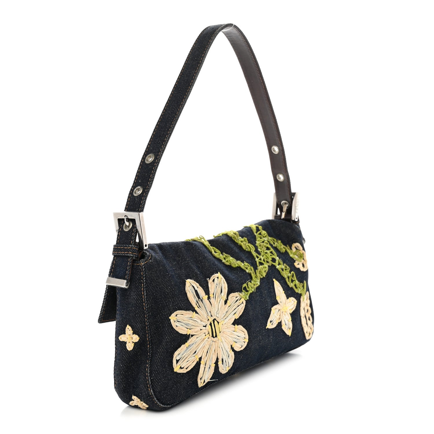 Fendi Denim Flower Applique Baguette Blue 3 of 11