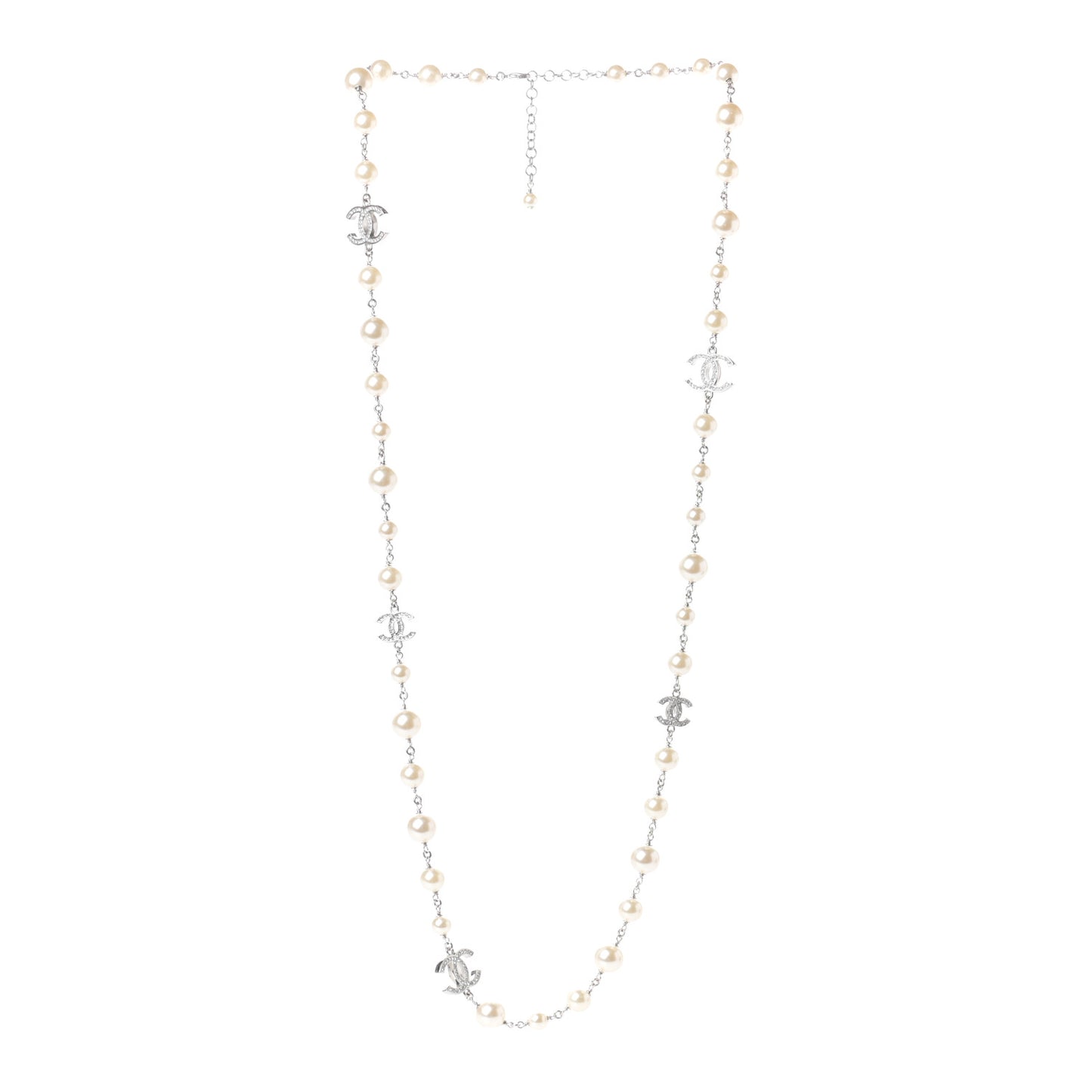 Crystal Pearl CC Long Necklace Silver