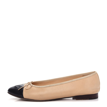 Chanel Lambskin Cap Toe CC Ballerina Flats 38.5 Beige Black 1 of 10
