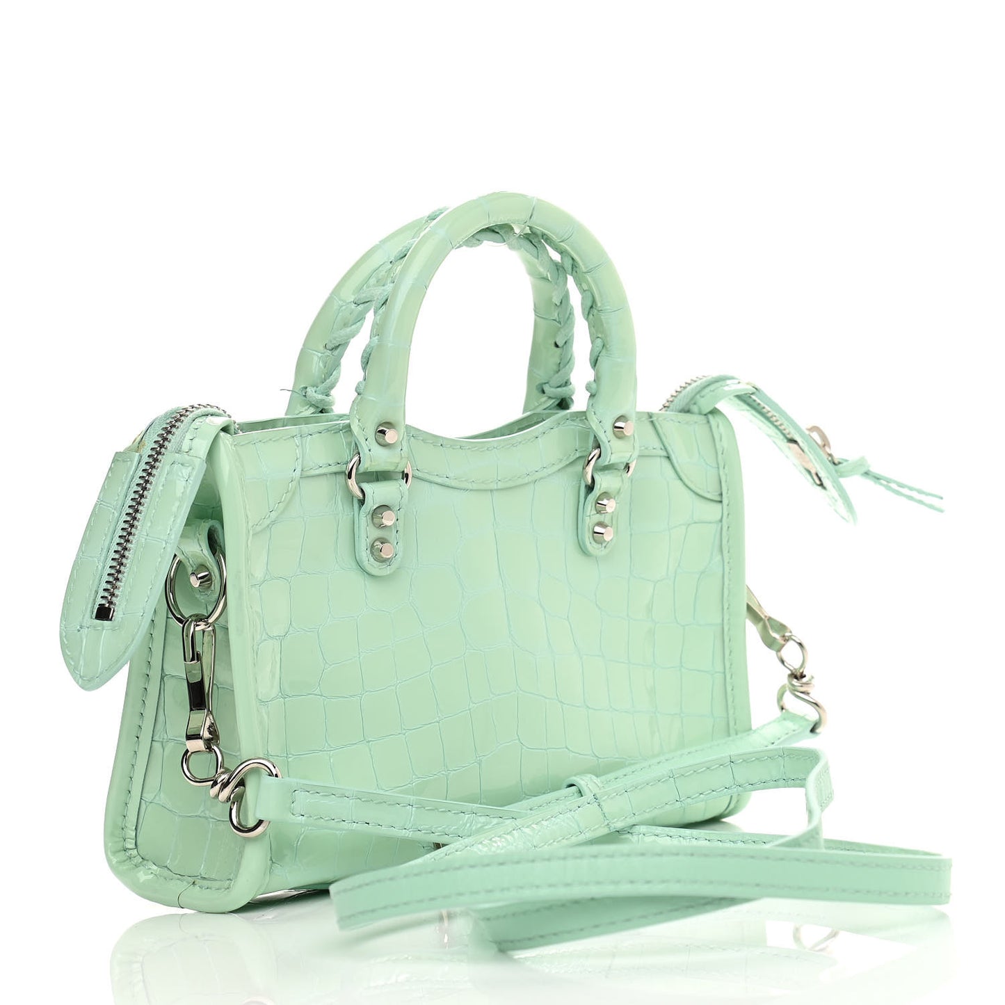 Patent Crocodile Embossed Classic Silver Hardware Nano City Light Green