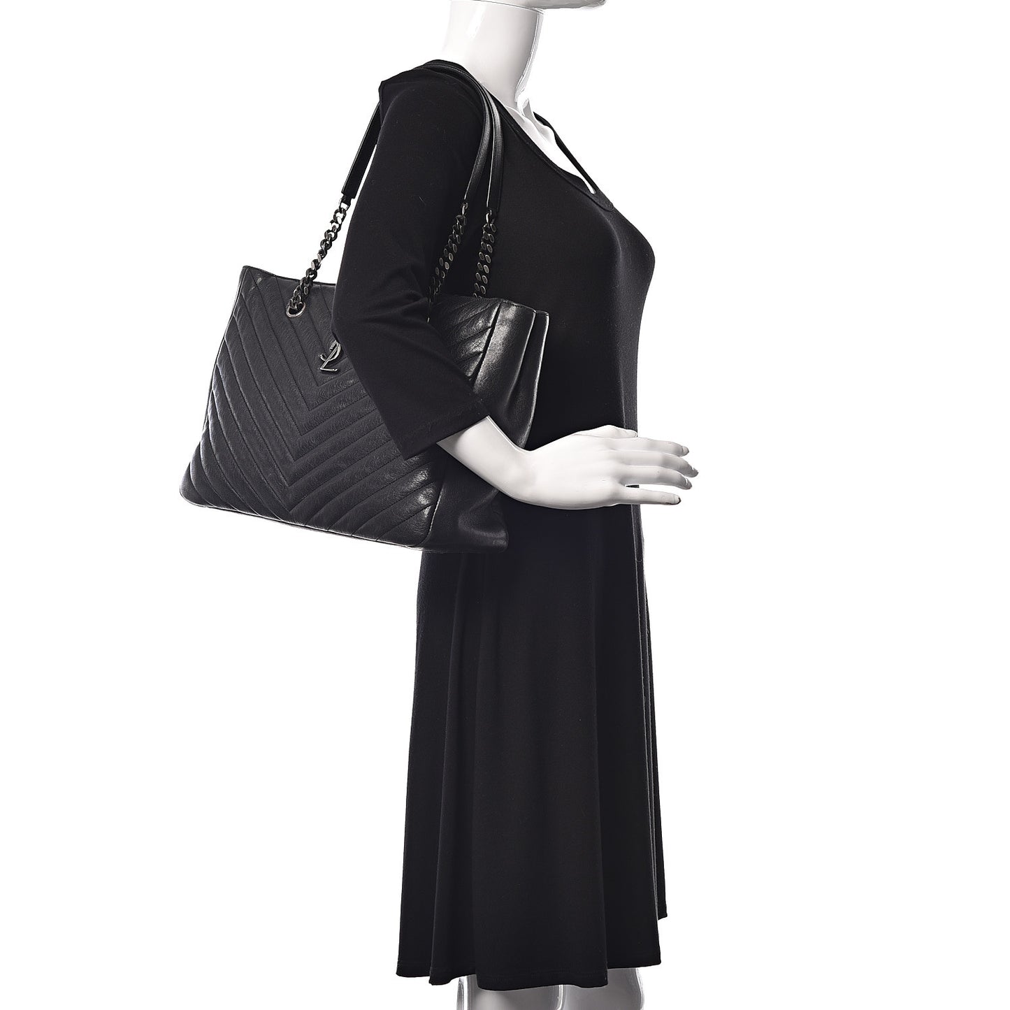 Sheepskin Matelasse Chevron Large Monogram Shopping Bag Black