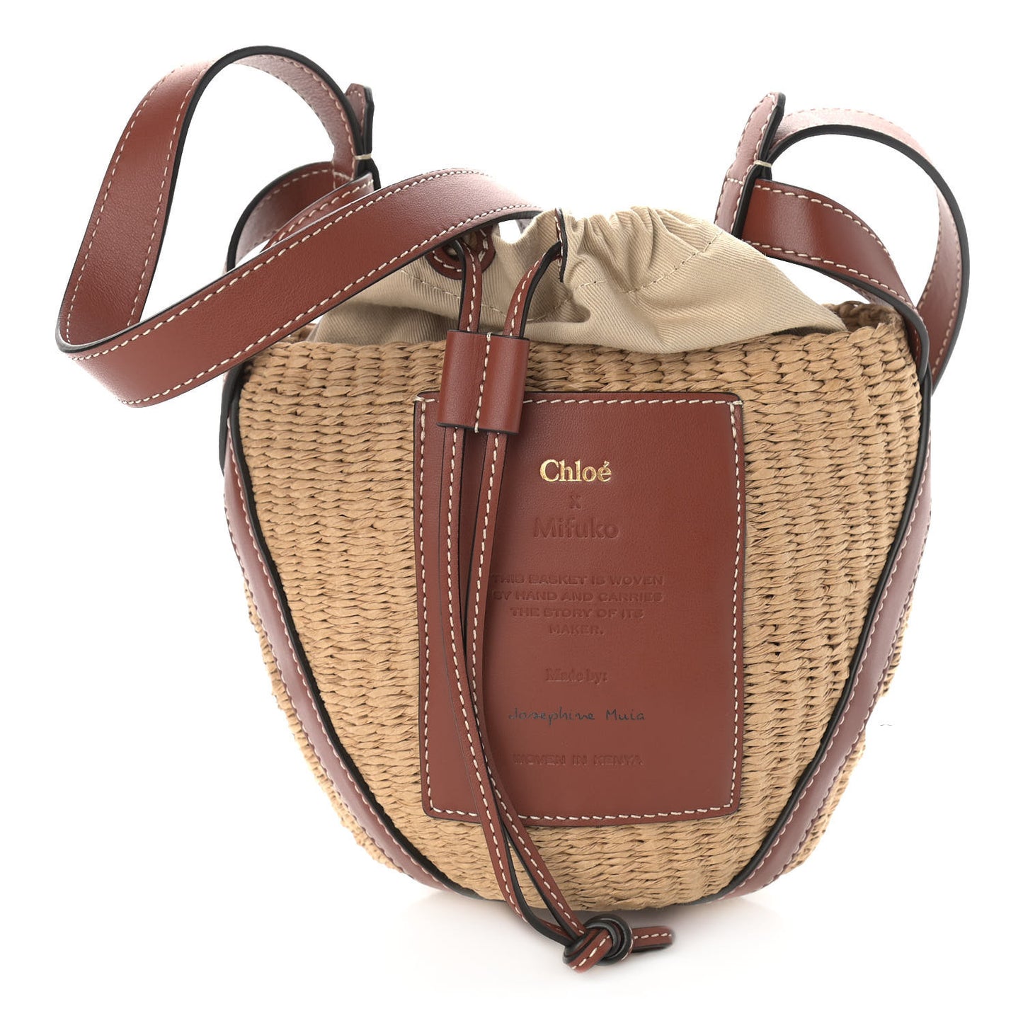 Raffia Calfskin Small Basket Sepia Brown