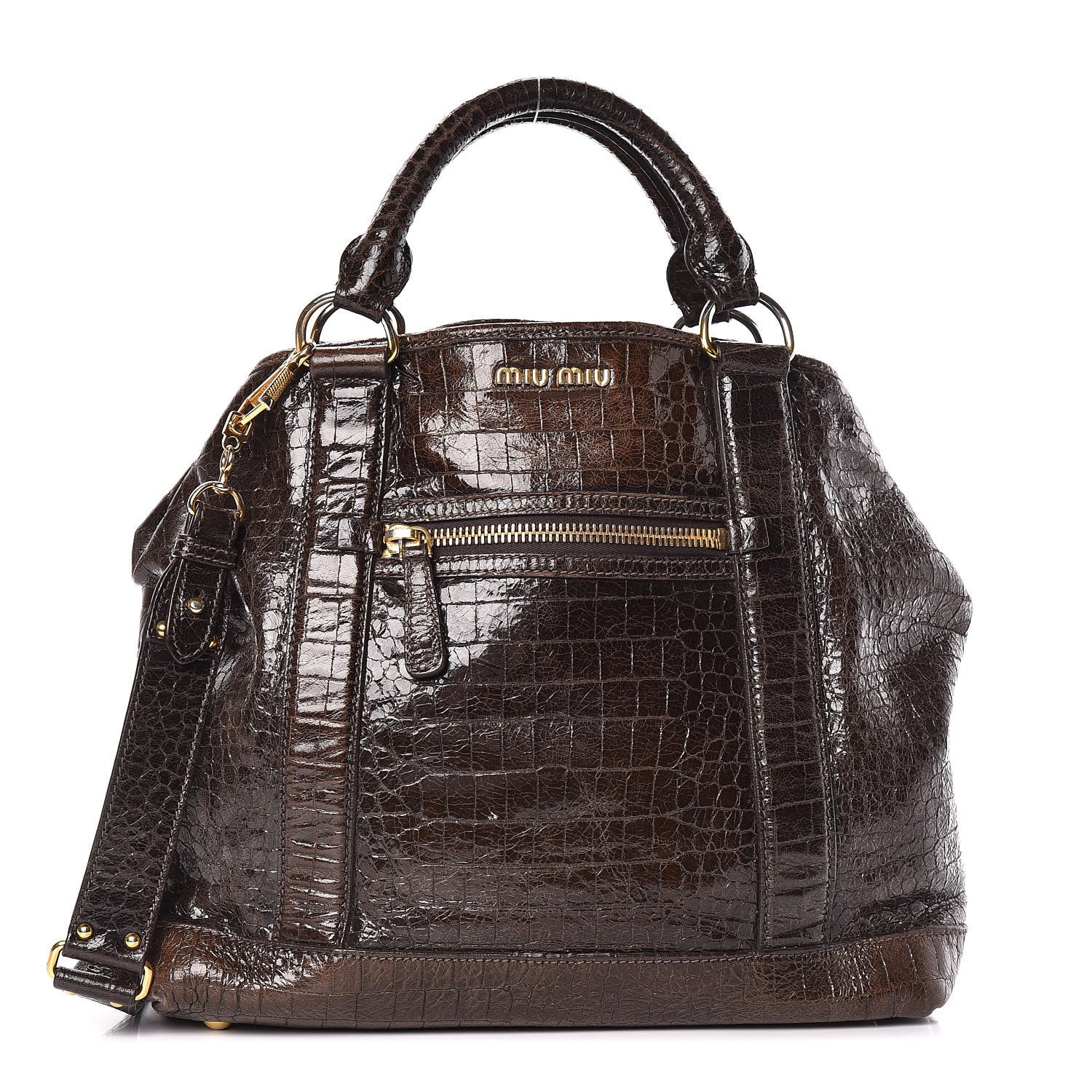 Miu Miu Calfskin Crocodile Embossed St Cocco Shopping Tote Brown 1 of 16