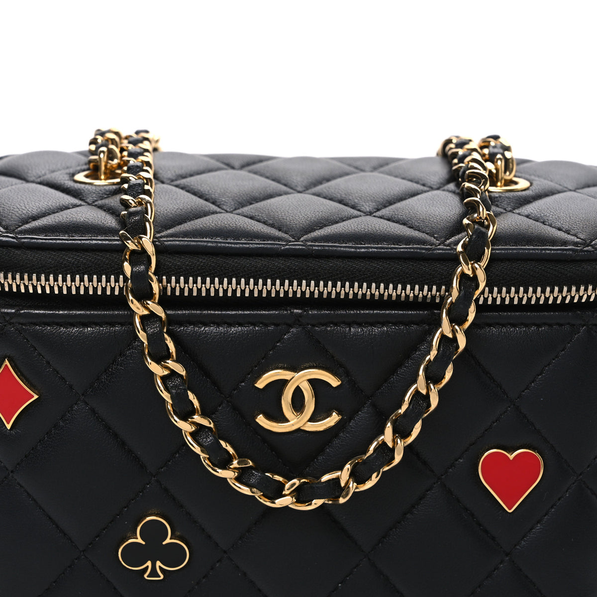 Lambskin Quilted Enamel Coco Casino Small Vanity Case With Chain Black