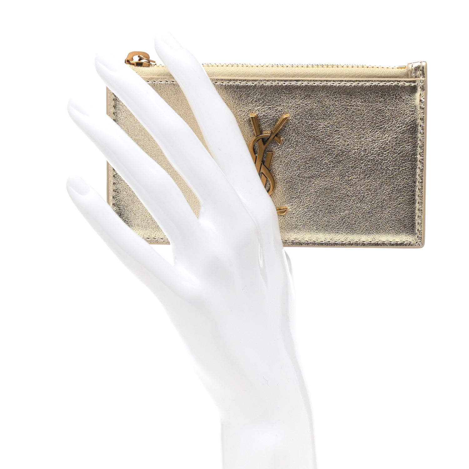 Saint Laurent Calfskin Monogram Fragments Zippered Card Case Platino 2 of 7