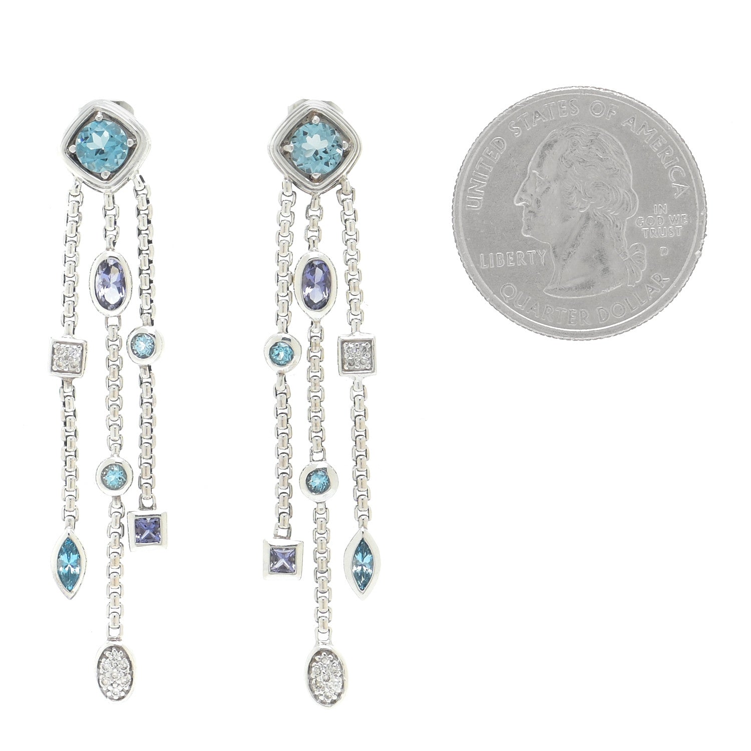David Yurman Sterling Silver Diamond Blue Topaz Iolite Confetti 3 Row Tassel Earrings 2 of 5