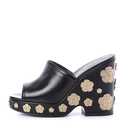 Chanel Crumpled Calfskin Camellia Wedge Mules 39 Black 1 of 9