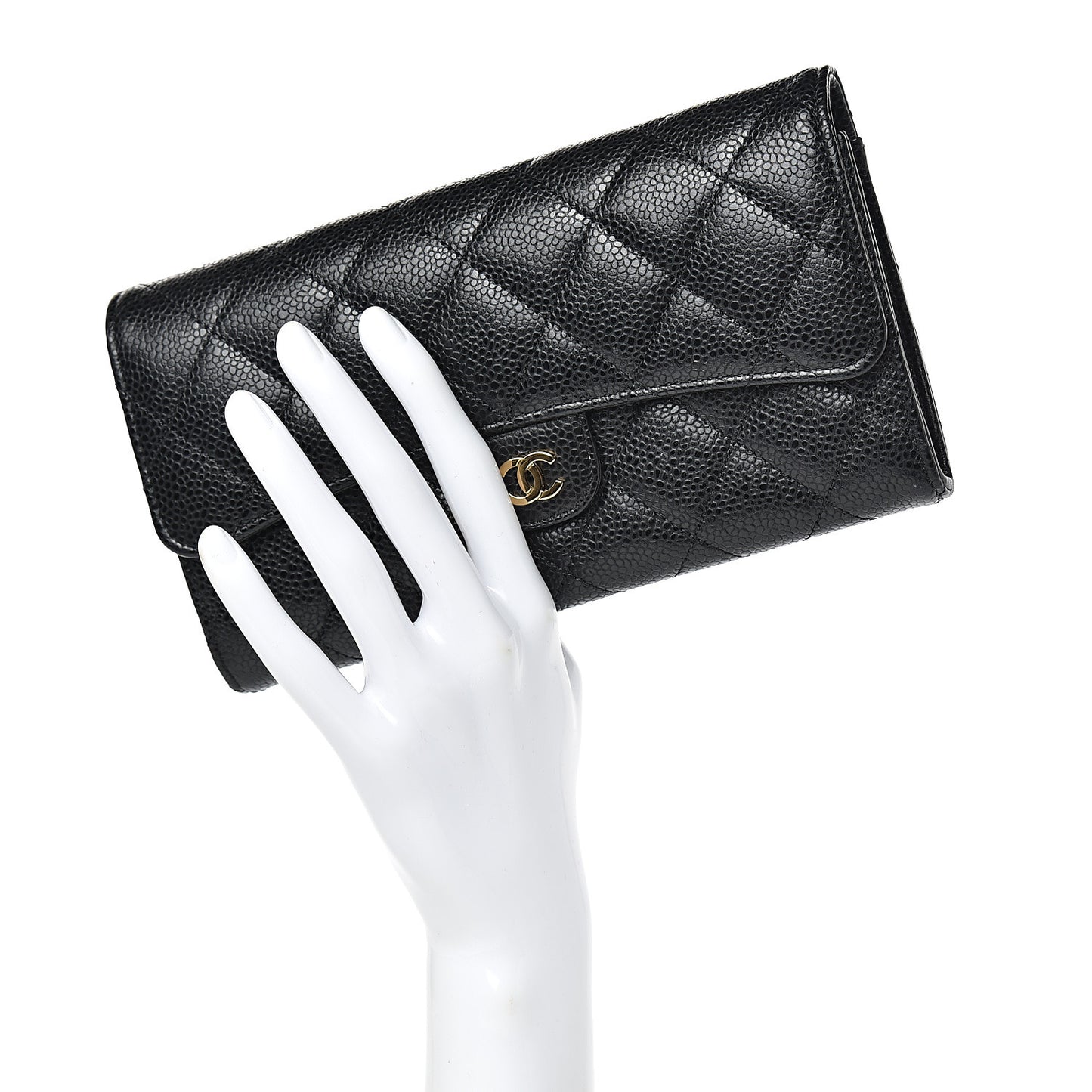 Caviar Quilted Large Gusset Flap Wallet Black