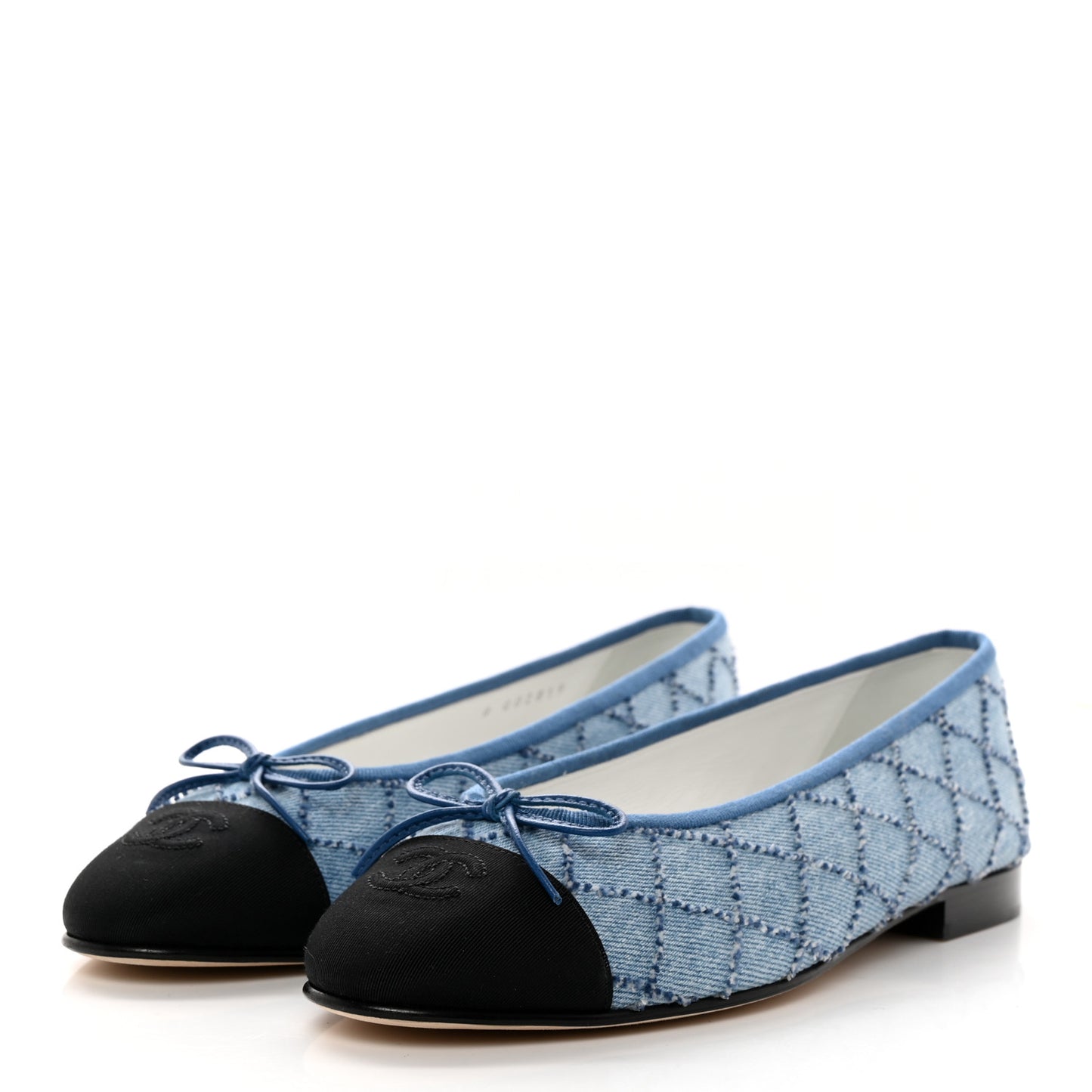 Denim Embroidered Grosgrain CC Cap Toe Ballerina Flats 39.5 Blue Black