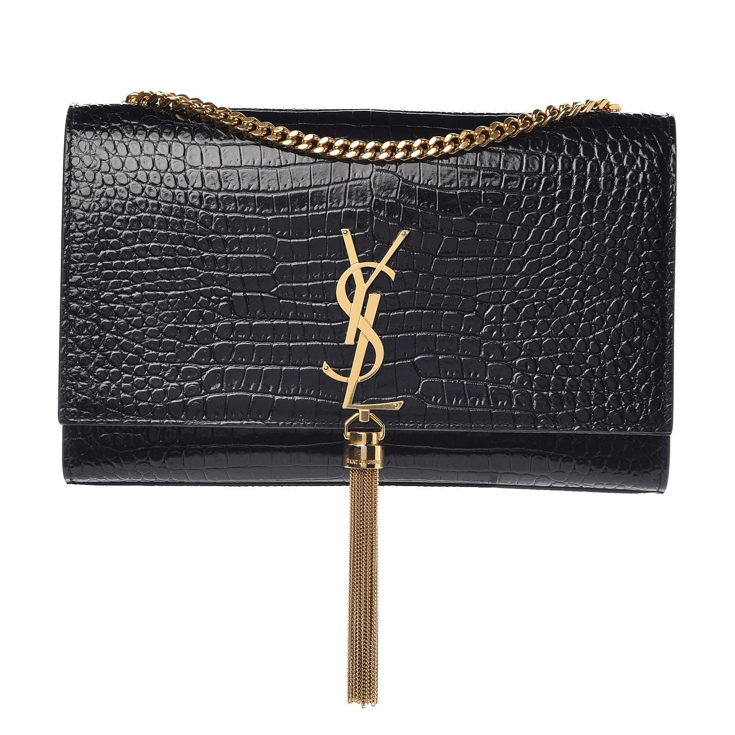 Saint Laurent Calfskin Crocodile Embossed Medium Classic Monogram Kate Tassel Satchel Black 1 of 9
