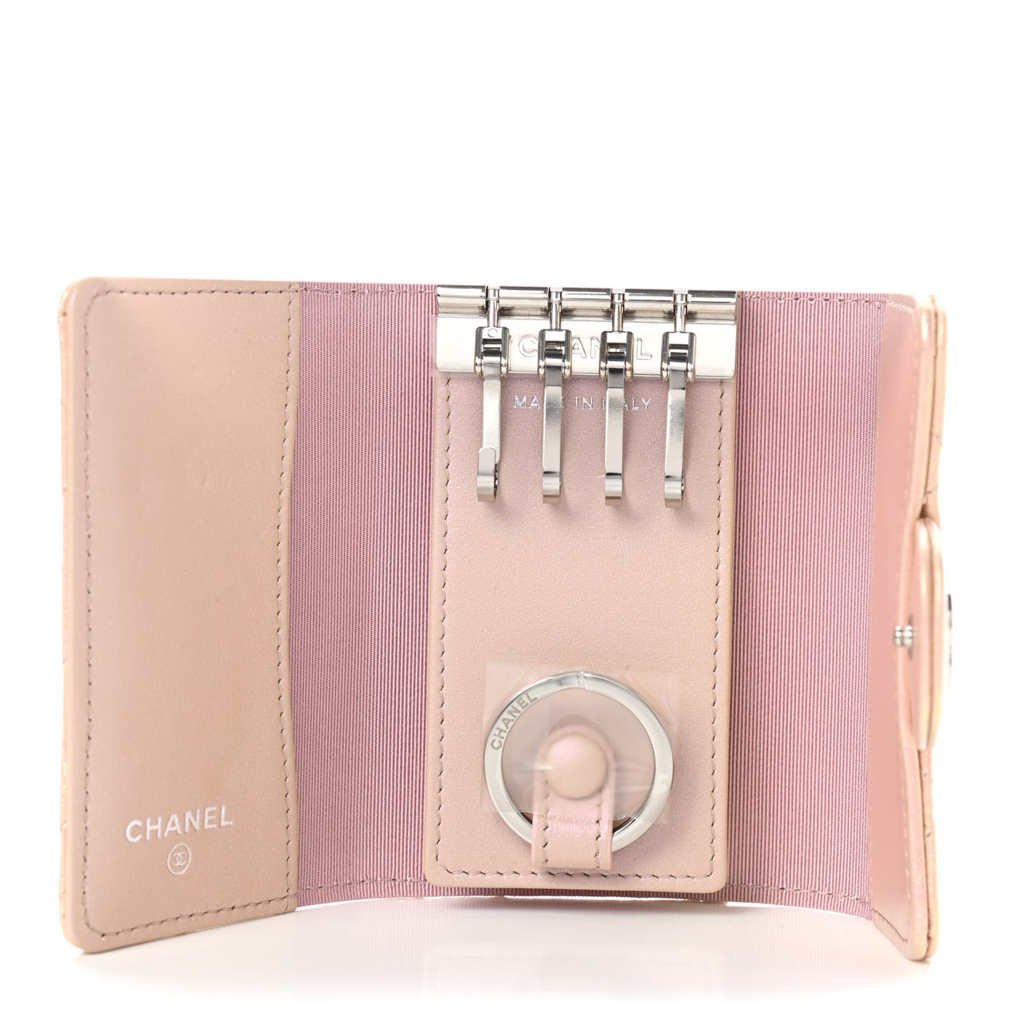Iridescent Calfskin Quilted Classic 4 Key Holder Wallet Pink