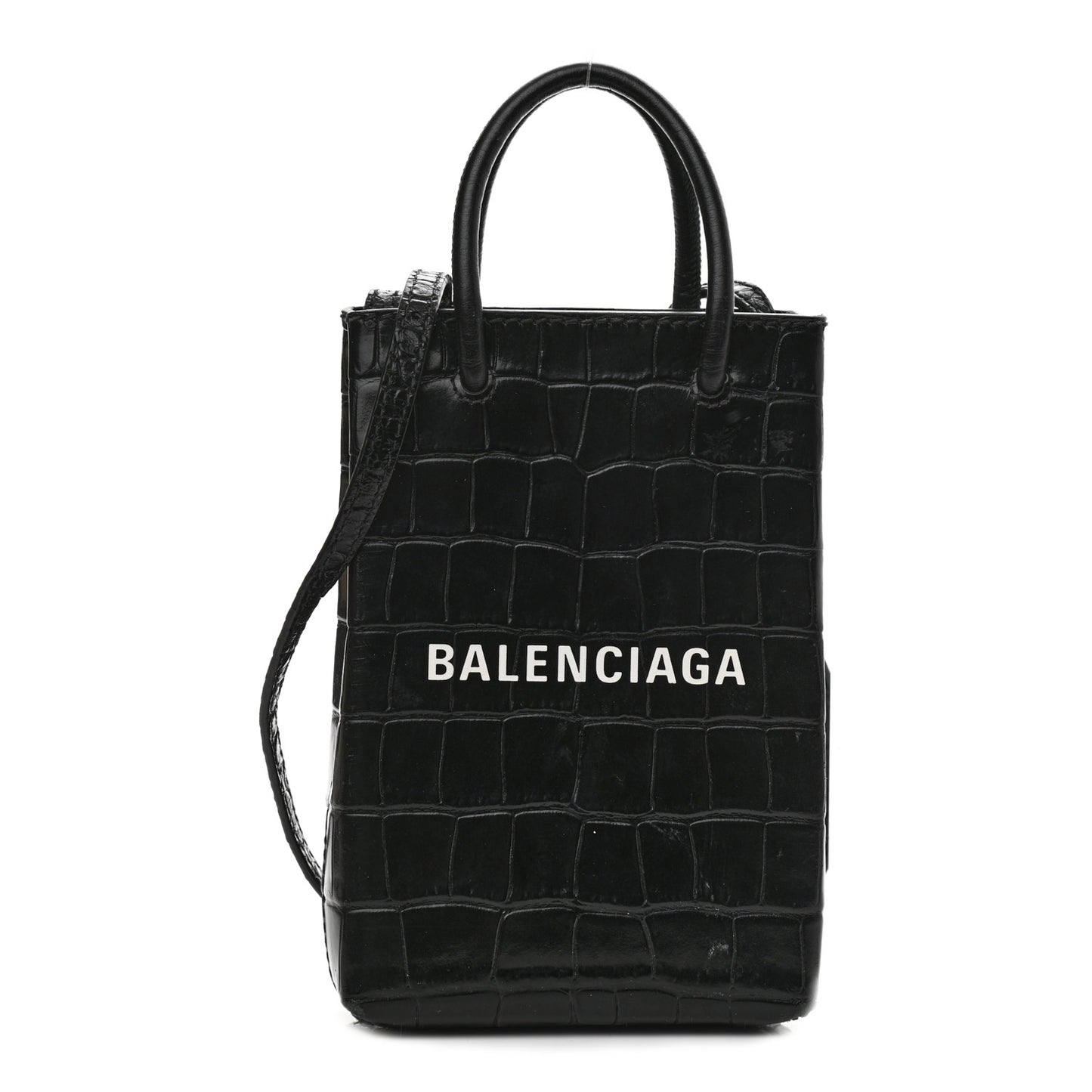 Calfskin Crocodile Embossed Logo Shopping Phone Holder Bag Black