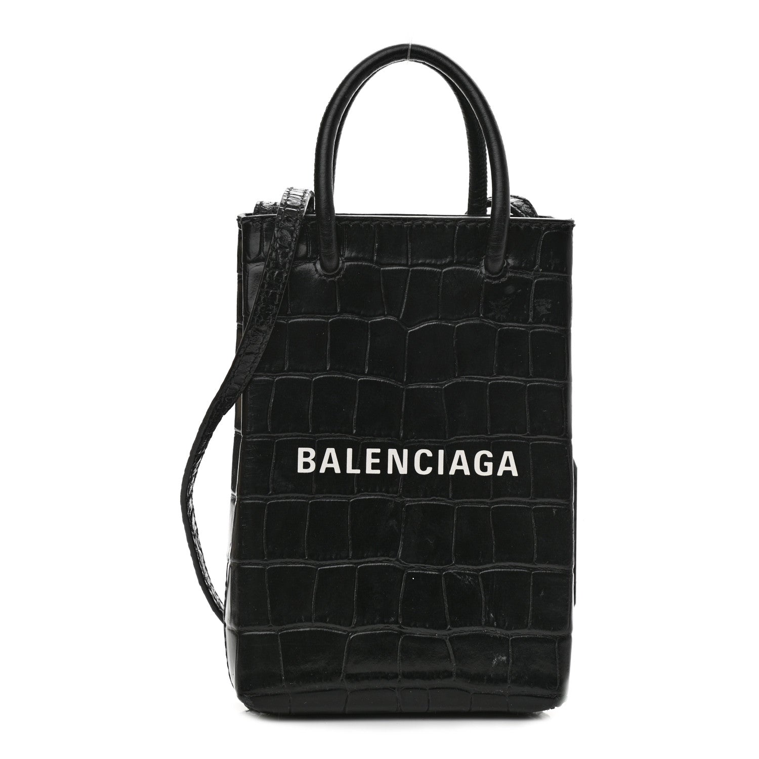Balenciaga Calfskin Crocodile Embossed Logo Shopping Phone Holder Bag Black 1 of 11