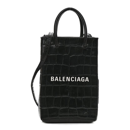 Balenciaga Calfskin Crocodile Embossed Logo Shopping Phone Holder Bag Black 1 of 11