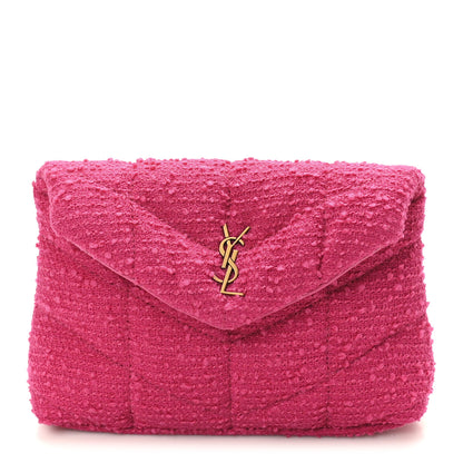 Saint Laurent Boucle Tweed Quilted Loulou Puffer Monogram Pouch Clutch Magenta 1 of 10