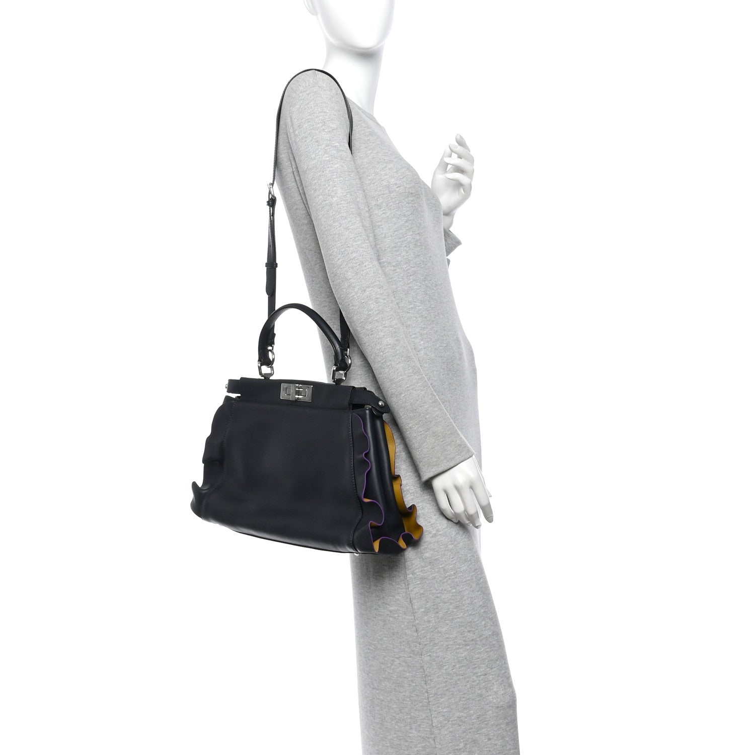 Fendi Vitello Seta Waves Bi-Color Medium Peekaboo Iconic Satchel Blue Notte Mostarda 2 of 10