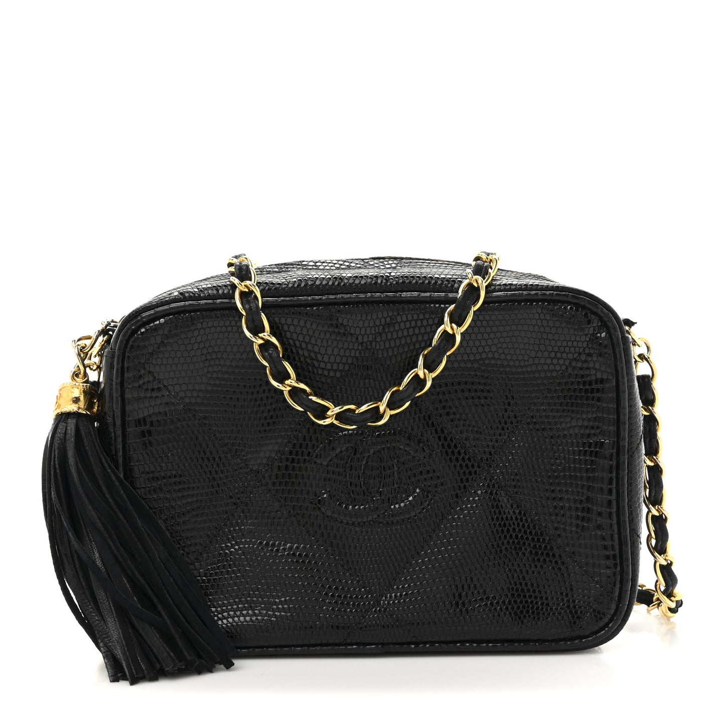Lizard Quilted Small Tassel Camera Case Black