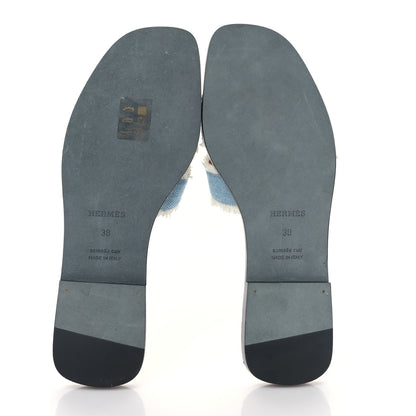 Hermes Denim Oran Fringe Sandals 38 Bleu Clair 5 of 9