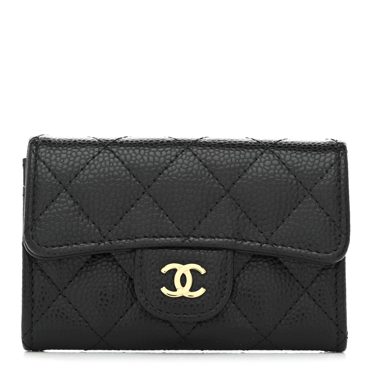 Caviar Quilted Flap Card Holder Wallet Black