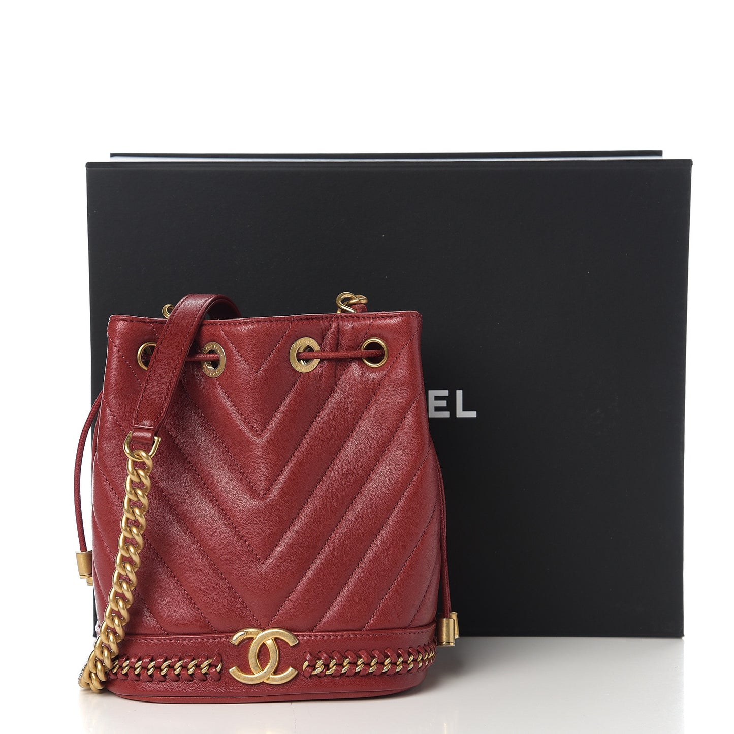 Sheepskin Chevron Quilted Small Drawstring Bag Dark Red