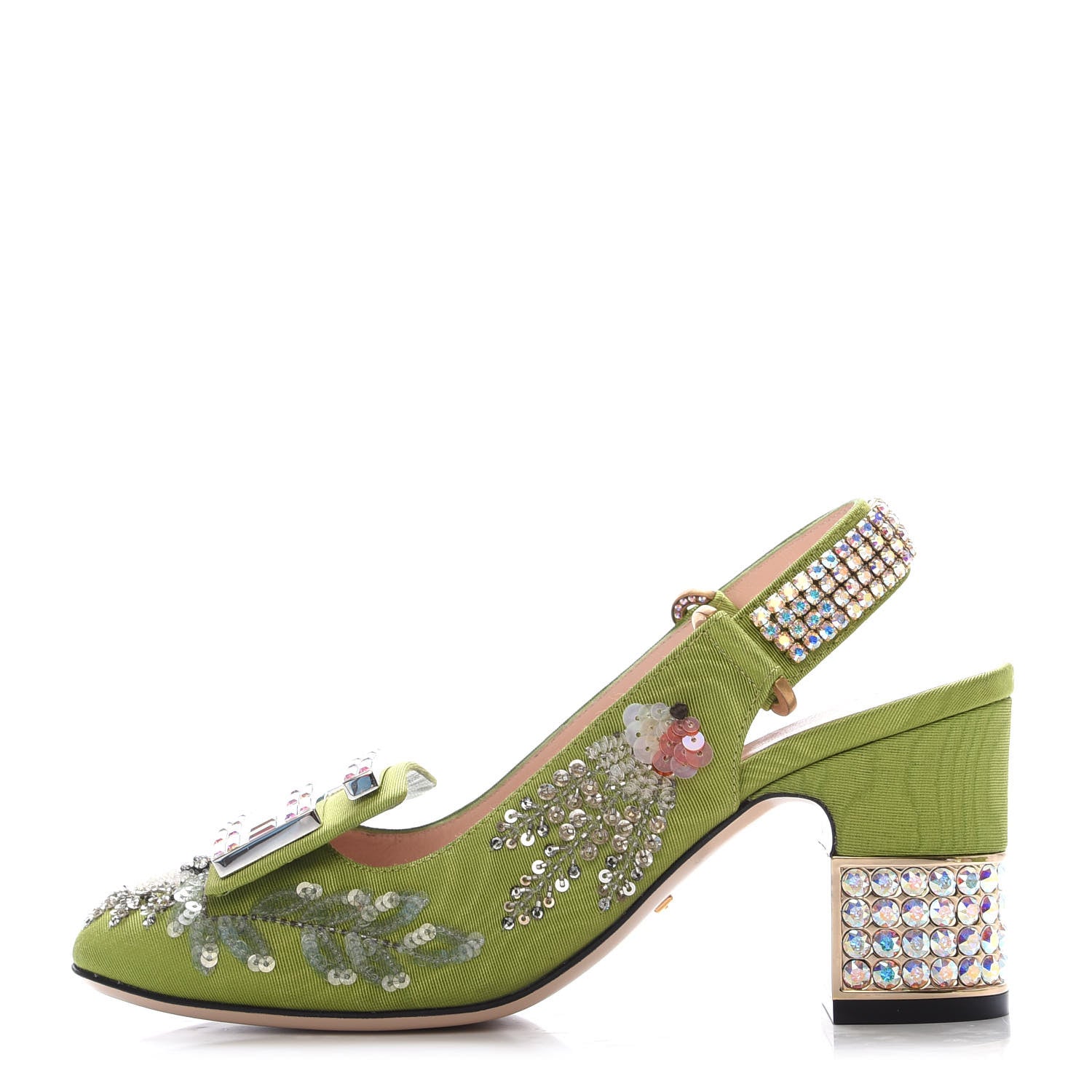 Gucci Moire Fabric Eyes Crystal Square G Madelyn Slingbacks 35.5 Lemon Leaf 1 of 9