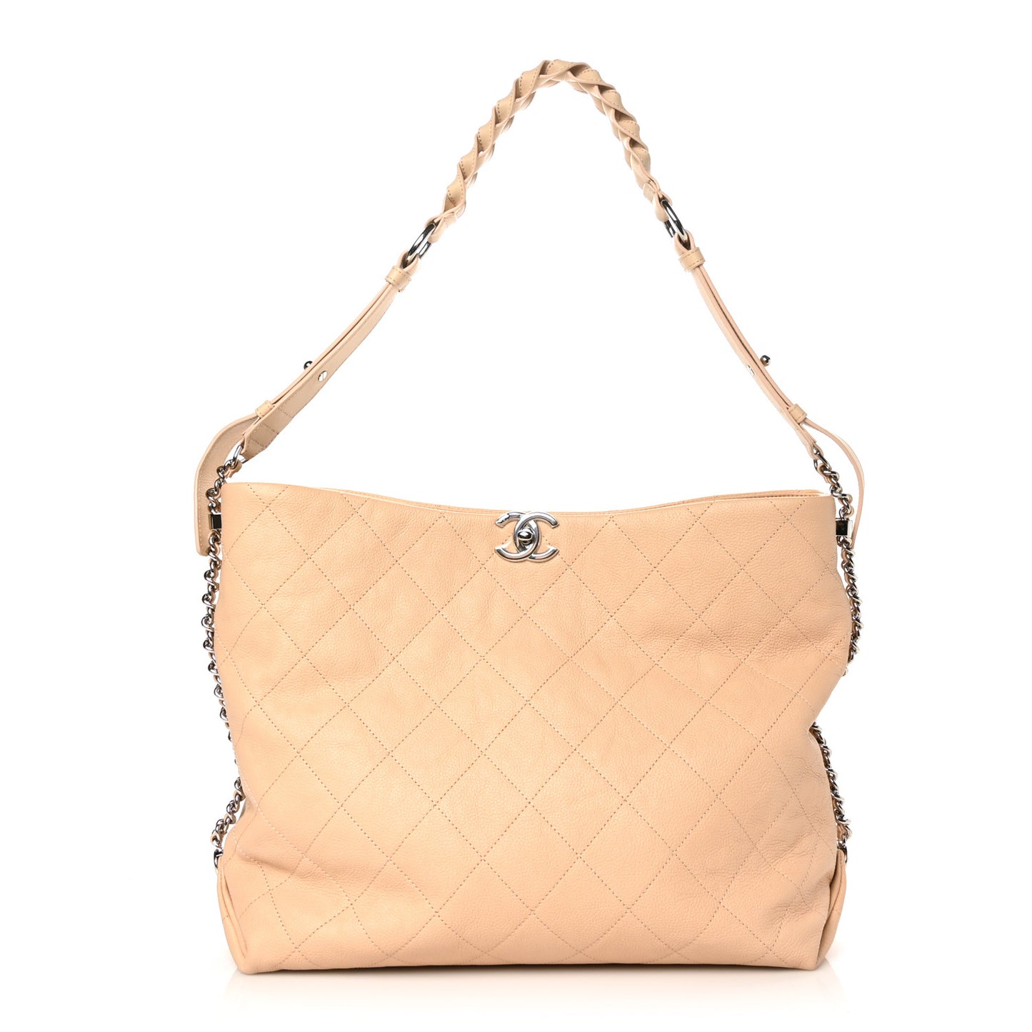 Grained Calfskin Stitched Medium Braided With Style Hobo Beige