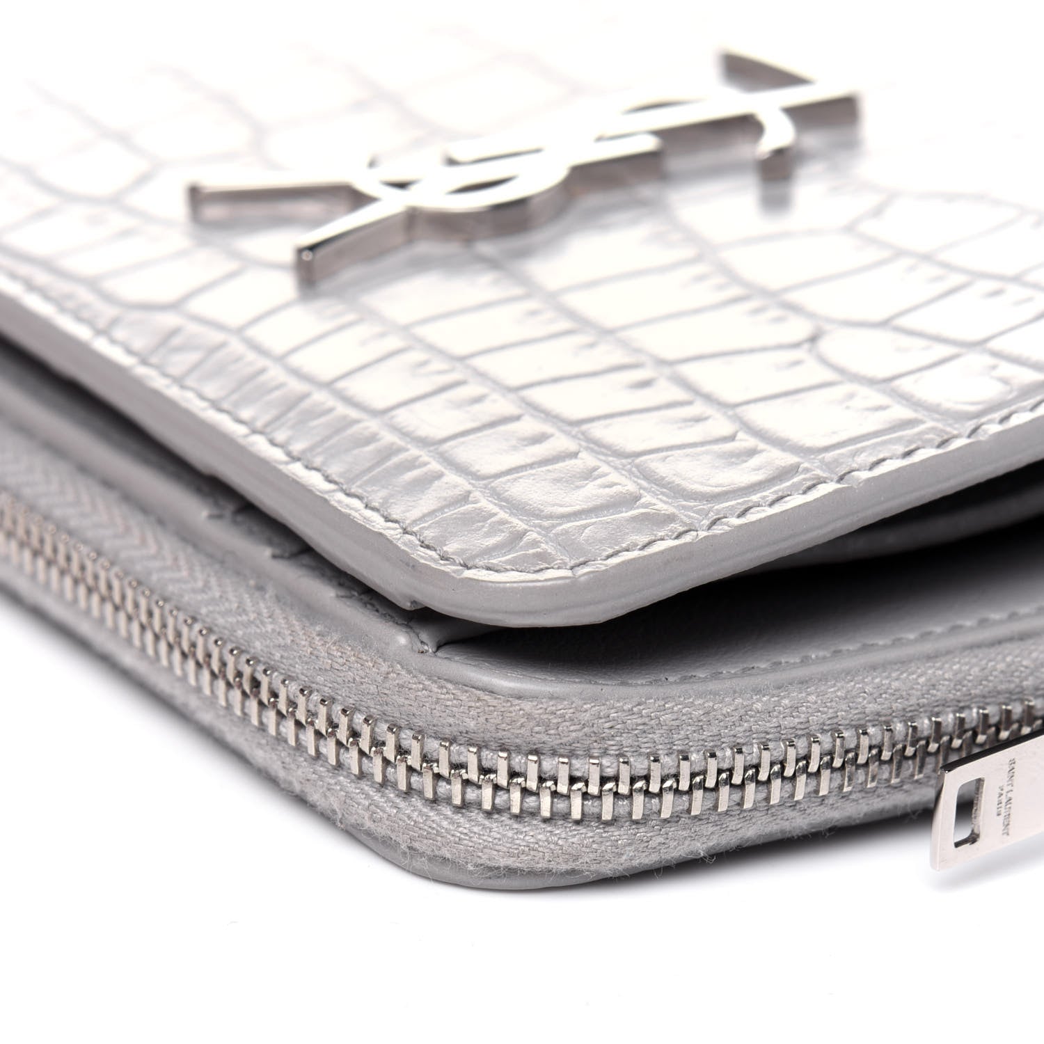 Saint Laurent Calfskin Crocodile Embossed Monogram Compact Wallet Mouse Grey 11 of 11