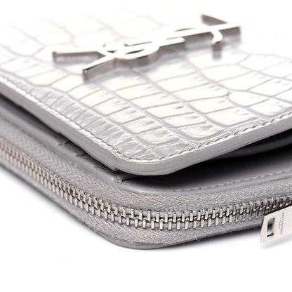 Saint Laurent Calfskin Crocodile Embossed Monogram Compact Wallet Mouse Grey 11 of 11