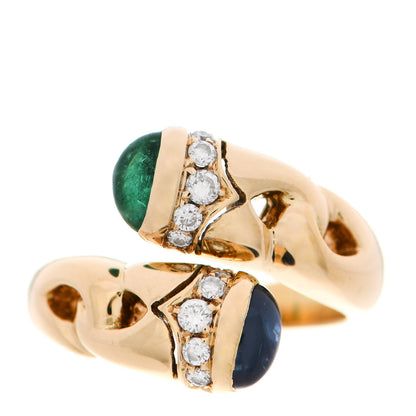 Bulgari 18K Yellow Gold Diamond Blue Sapphire Emerald Bypass Ring 51 5.75 1 of 6