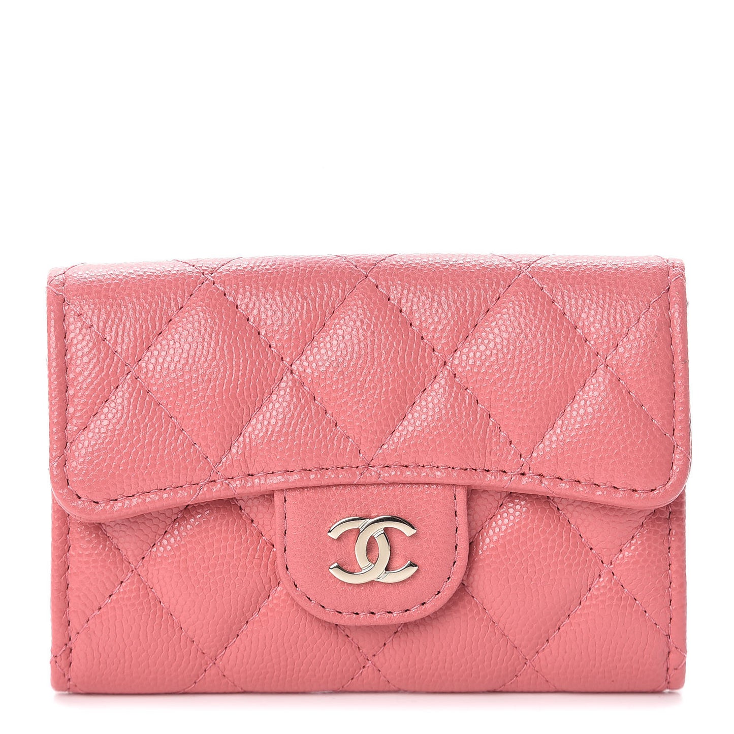 Caviar Quilted Flap Card Holder Wallet Pink