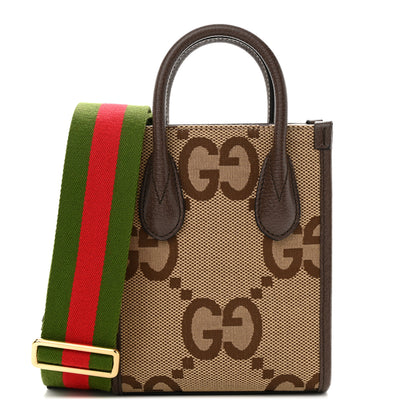 Gucci Monogram Jumbo GG Textured Dollar Calfskin Web Mini Vertical Tote Camel Ebony New Acero 1 of 12