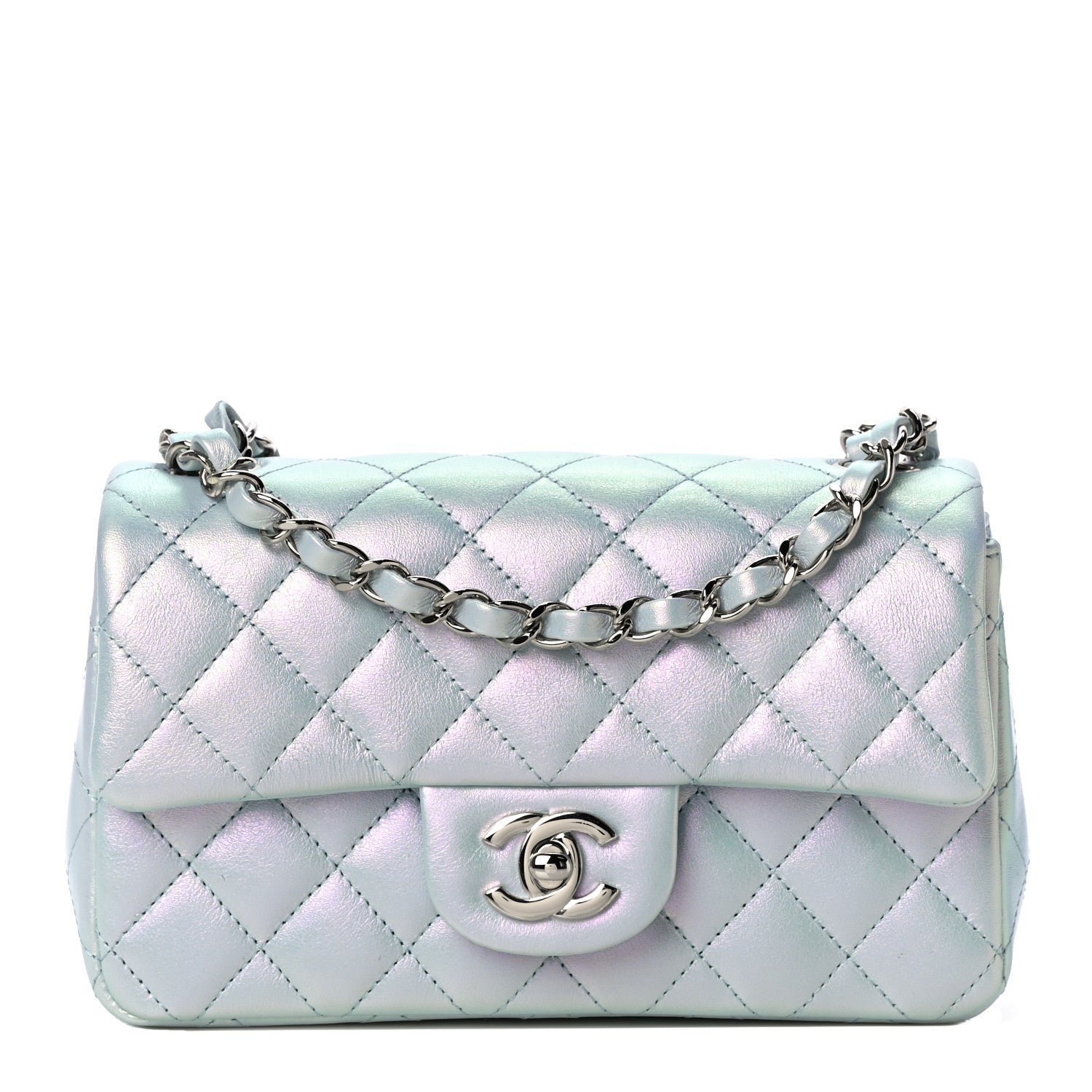 Chanel Iridescent Calfskin Quilted Mini Rectangular Flap Light Blue 1 of 11