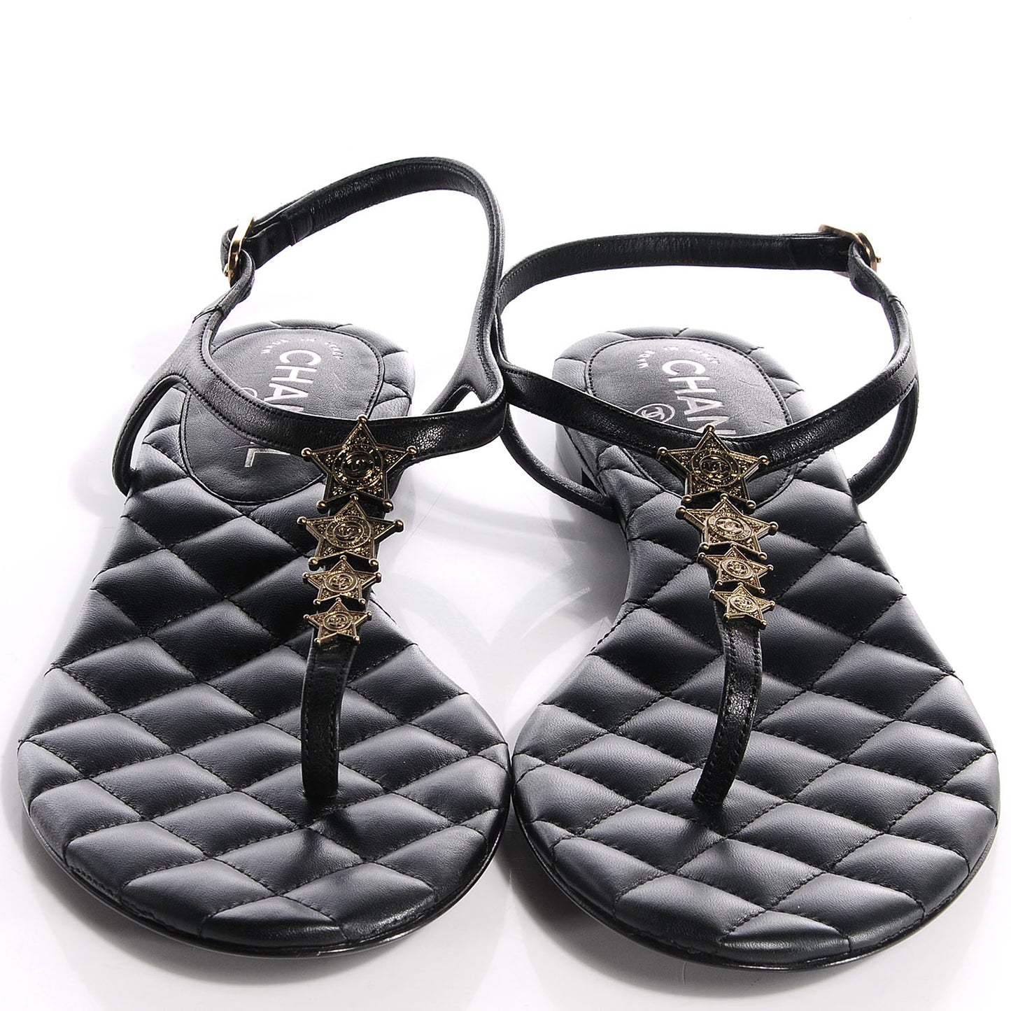 Calfskin Paris Dallas Quilted Star CC Thong Sandals Black 39.5
