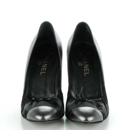 Chanel Metallic Lambskin Satin Elastic Cap Toe Pumps 39 Black Dark Silver 2 of 8