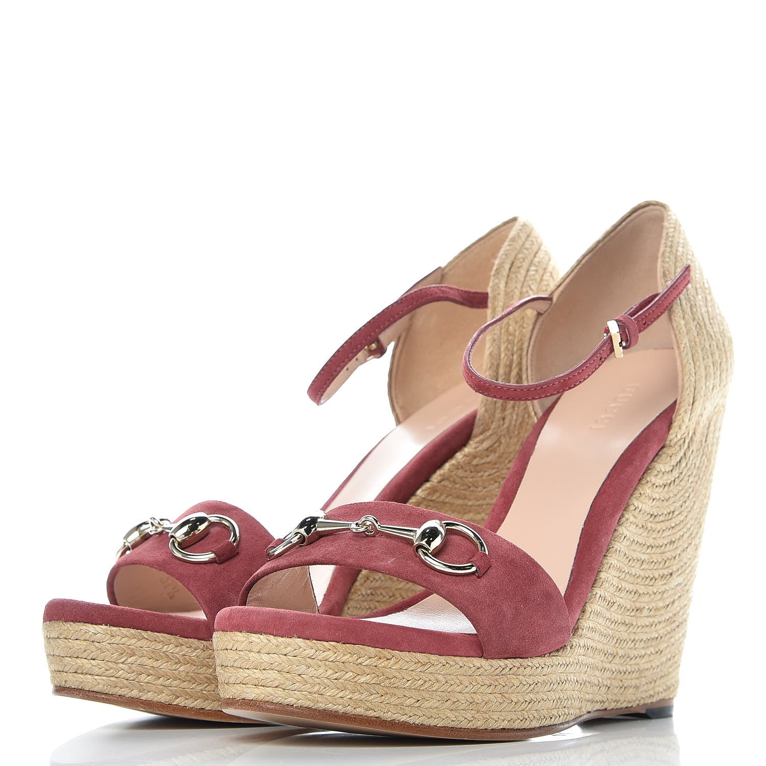 Gucci Kid Scamosciato Horsebit Platform Espadrille Wedge Sandals 37.5 Dry Rose 3 of 8