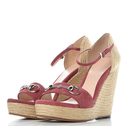 Gucci Kid Scamosciato Horsebit Platform Espadrille Wedge Sandals 37.5 Dry Rose 3 of 8