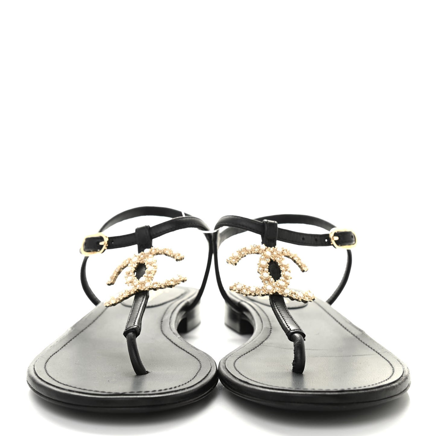 Calfskin Pearl Crystal CC Charm Thong Sandals 38.5 Black